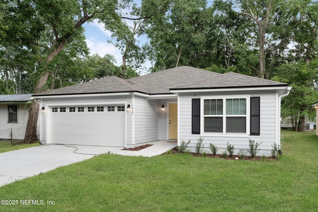 5428 Chenango Blvd, Jacksonville, FL 32254 - ranch-style house featuring an attached garage, concrete driveway, a front yard, and roof with shingles