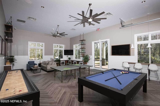 171 Oakmoss Dr, Saint Johns, FL 32259 - playroom with ceiling fan, a high ceiling, pool table, and wainscoting