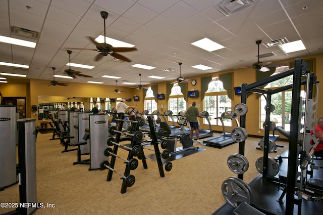 11890 Surfbird Cir Unit 42E, Jacksonville, FL 32256 - exercise room with a ceiling fan, carpet floors, and a paneled ceiling