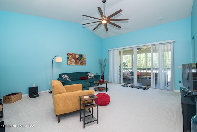11890 Surfbird Cir Unit 42E, Jacksonville, FL 32256 - living room with carpet floors, ceiling fan, and lofted ceiling