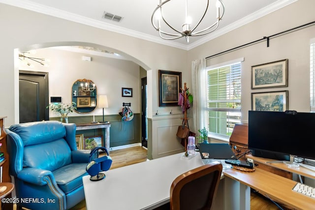 190 Colorado Springs Way, Saint Augustine, FL 32092 - office space with arched walkways, a chandelier, wood finished floors, crown molding, and wainscoting