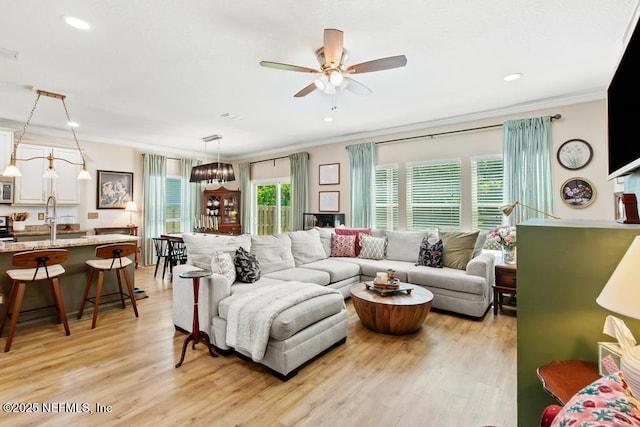190 Colorado Springs Way, Saint Augustine, FL 32092 - living area featuring ornamental molding, light wood-style flooring, ceiling fan, and recessed lighting