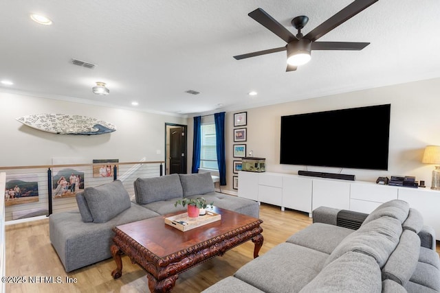 190 Colorado Springs Way, Saint Augustine, FL 32092 - living room featuring ceiling fan, light wood-style floors, crown molding, and recessed lighting