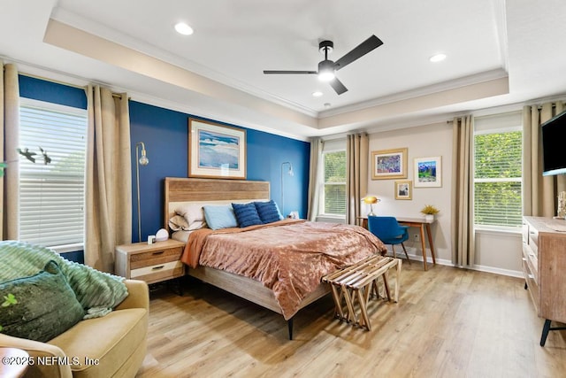 190 Colorado Springs Way, Saint Augustine, FL 32092 - bedroom with a tray ceiling, crown molding, light wood-style flooring, recessed lighting, and a ceiling fan