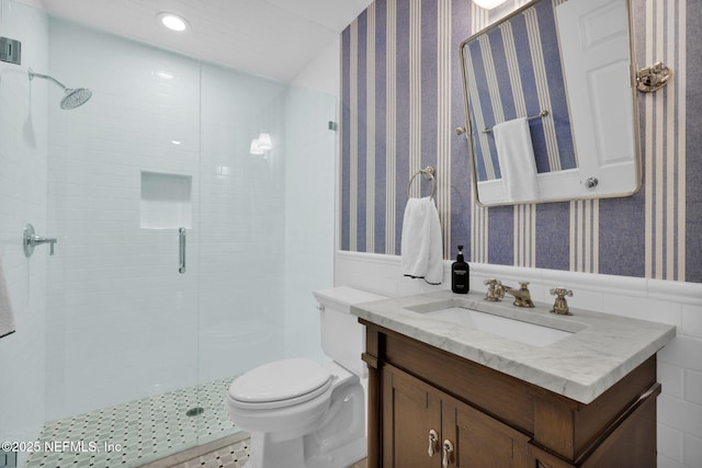 101 Royal Lagoon Ct, Ponte Vedra Beach, FL 32082 - bathroom with wallpapered walls, vanity, a stall shower, wainscoting, and recessed lighting