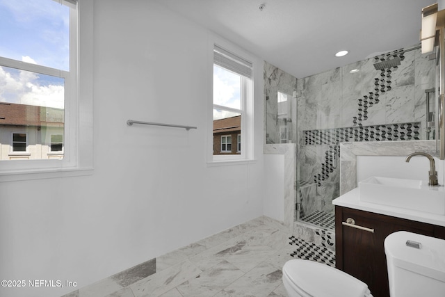 2525 College St Unit 1305, Jacksonville, FL 32204 - full bathroom with a marble finish shower, vanity, marble finish floors, and recessed lighting