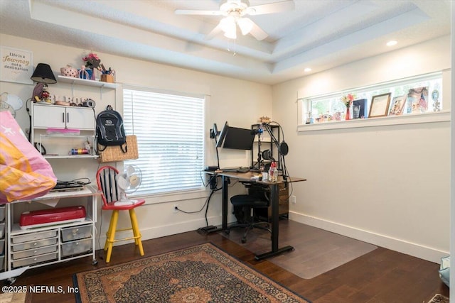 3776 Arrowhead Dr, Saint Augustine, FL 32086 - home office featuring a raised ceiling, ceiling fan, wood finished floors, and recessed lighting