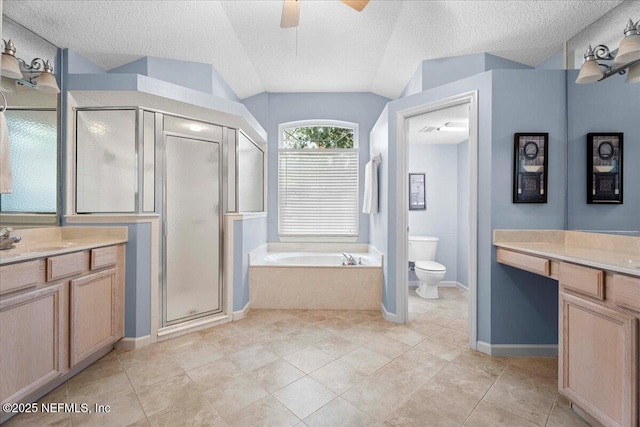 573 N Bridgestone Ave, Saint Johns, FL 32259 - full bath with a stall shower, vanity, a bath, a ceiling fan, and a textured ceiling