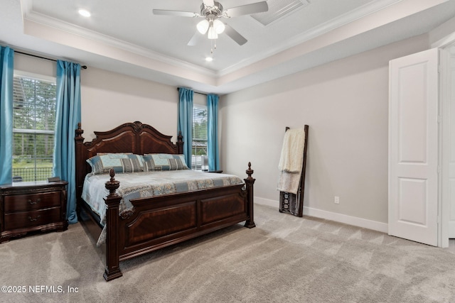 36501 Shortleaf Ave, Hilliard, FL 32046 - bedroom with ornamental molding, a raised ceiling, light carpet, ceiling fan, and recessed lighting