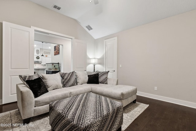 36501 Shortleaf Ave, Hilliard, FL 32046 - living room featuring lofted ceiling, dark wood-style flooring, and a ceiling fan