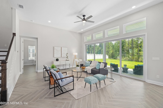 238 Courtney Chase Dr, Saint Augustine, FL 32092 - living room featuring recessed lighting, plenty of natural light, stairs, a towering ceiling, and a ceiling fan