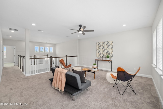 238 Courtney Chase Dr, Saint Augustine, FL 32092 - living area with carpet, an upstairs landing, recessed lighting, and ceiling fan