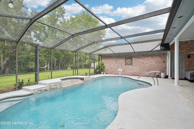 1288 Creek Bend Rd, Saint Johns, FL 32259 - swimming pool featuring a lawn, an in-ground hot tub, a patio area, and glass enclosure