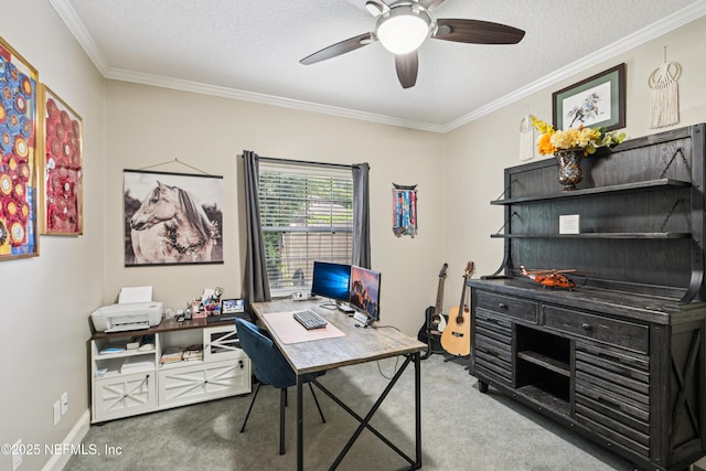 1288 Creek Bend Rd, Saint Johns, FL 32259 - carpeted office featuring ornamental molding, ceiling fan, and a textured ceiling