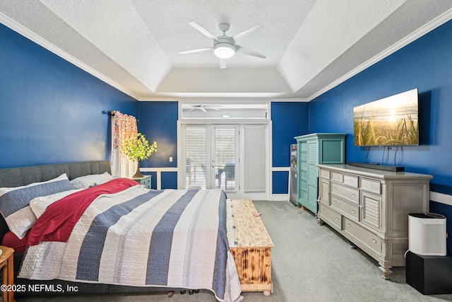 1288 Creek Bend Rd, Saint Johns, FL 32259 - bedroom with a tray ceiling, light colored carpet, a ceiling fan, crown molding, and a textured ceiling
