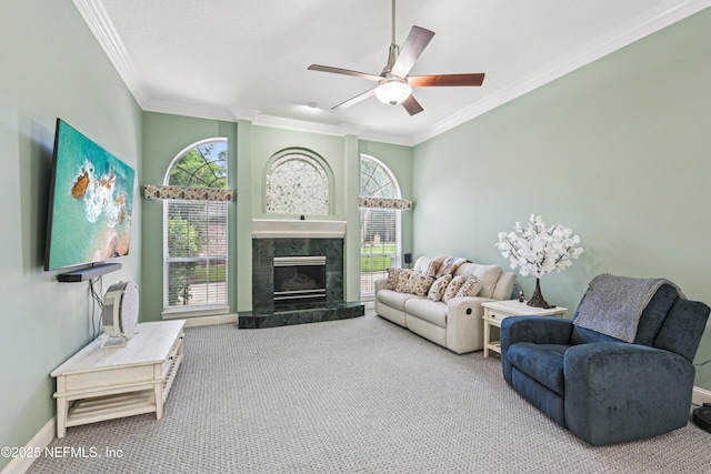 1288 Creek Bend Rd, Saint Johns, FL 32259 - living area featuring carpet floors, ornamental molding, ceiling fan, and a fireplace