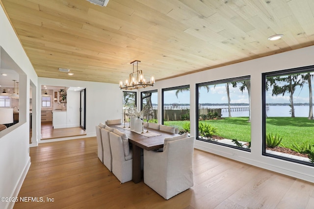 1823 N Lakeshore Dr, Fleming Island, FL 32003 - dining area featuring wood ceiling, healthy amount of natural light, a chandelier, and light wood-style flooring