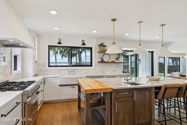 1823 N Lakeshore Dr, Fleming Island, FL 32003 - kitchen with open shelves, stainless steel stove, premium range hood, a kitchen bar, and tasteful backsplash