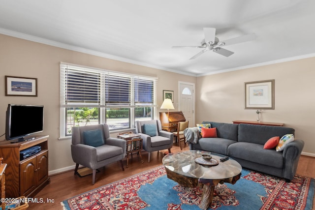 112 S 14th St, Fernandina Beach, FL 32034 - living area featuring wood finished floors, crown molding, and a ceiling fan
