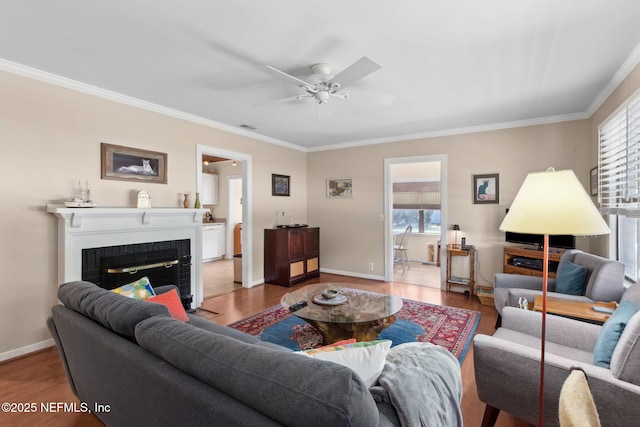 112 S 14th St, Fernandina Beach, FL 32034 - living area with crown molding, wood finished floors, ceiling fan, and a tiled fireplace