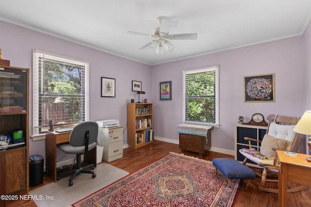 112 S 14th St, Fernandina Beach, FL 32034 - home office with wood finished floors, ornamental molding, and a ceiling fan