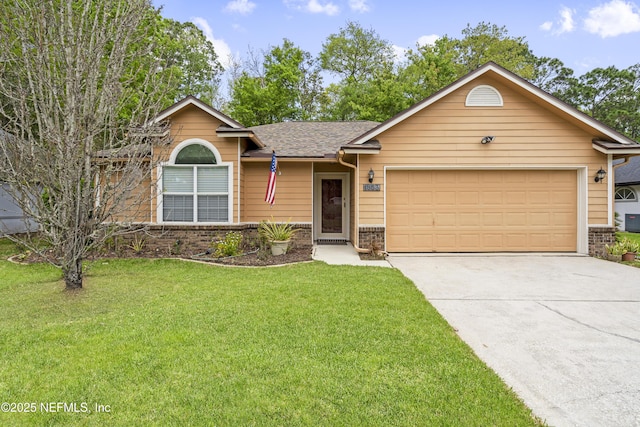 1853 Weston Cir, Fleming Island, FL 32003 - ranch-style home with driveway, a front yard, a garage, roof with shingles, and brick siding