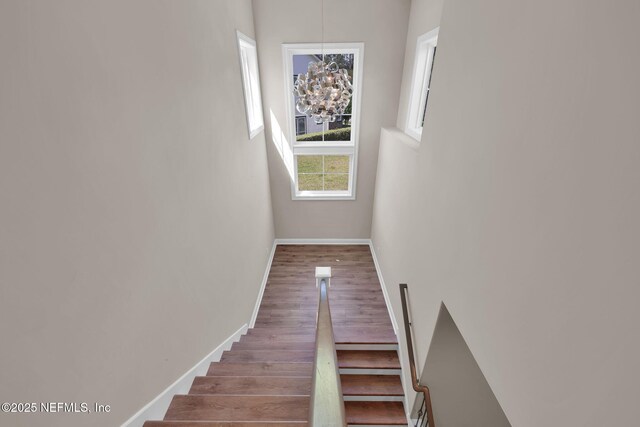 452 Deer Valley Dr, Ponte Vedra, FL 32081 - stairway with a chandelier and wood finished floors