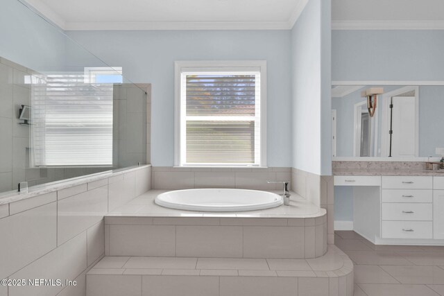 452 Deer Valley Dr, Ponte Vedra, FL 32081 - bathroom featuring crown molding, a garden tub, vanity, tile patterned flooring, and tiled shower