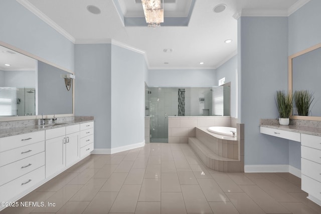 452 Deer Valley Dr, Ponte Vedra, FL 32081 - full bath featuring a stall shower, a bath, vanity, ornamental molding, and tile patterned flooring