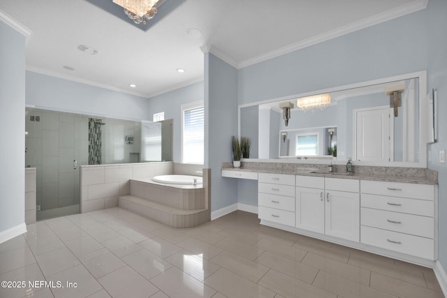 452 Deer Valley Dr, Ponte Vedra, FL 32081 - bathroom featuring a bath, a shower stall, vanity, ornamental molding, and a chandelier