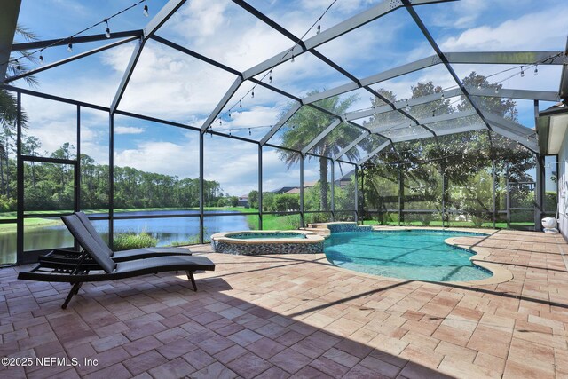 452 Deer Valley Dr, Ponte Vedra, FL 32081 - view of pool featuring a water view, a pool with connected hot tub, a patio area, and glass enclosure