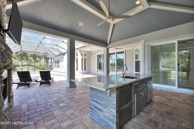 452 Deer Valley Dr, Ponte Vedra, FL 32081 - view of patio with ceiling fan, an outdoor kitchen, an outdoor pool, and a lanai