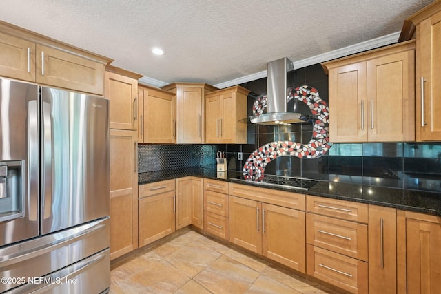 136 Sherwood Ave, Saint Augustine, FL 32084 - kitchen with stainless steel refrigerator with ice dispenser, black electric stovetop, exhaust hood, tasteful backsplash, and dark stone counters