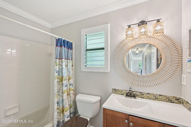 136 Sherwood Ave, Saint Augustine, FL 32084 - full bath featuring vanity, ornamental molding, shower / bath combination with curtain, and tasteful backsplash