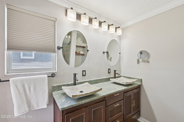 136 Sherwood Ave, Saint Augustine, FL 32084 - bathroom with double vanity, ornamental molding, and a textured ceiling