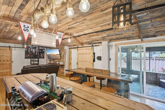 136 Sherwood Ave, Saint Augustine, FL 32084 - dining area featuring a barn door and wooden ceiling