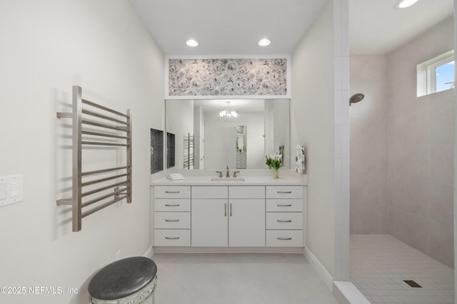 651 Rum Runner Way, Saint Johns, FL 32259 - bathroom with vanity, a towel warming rack, walk in shower, radiator heating unit, and recessed lighting