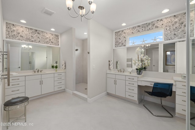 651 Rum Runner Way, Saint Johns, FL 32259 - bathroom with a chandelier, a stall shower, two vanities, recessed lighting, and tile patterned flooring