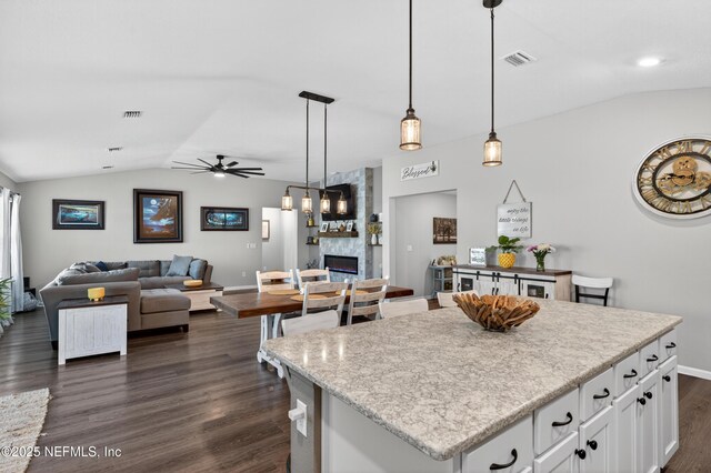 665 Flach Dr, Saint Johns, FL 32259 - kitchen with vaulted ceiling, ceiling fan, dark wood-type flooring, a fireplace, and open floor plan