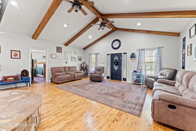 34100 Old Baldwin Rd, Callahan, FL 32011 - living area with ceiling fan, hardwood / wood-style floors, beam ceiling, recessed lighting, and high vaulted ceiling