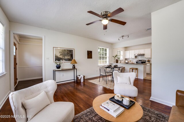 3516 Myra St, Jacksonville, FL 32205 - living room featuring a textured ceiling, ceiling fan, and dark wood-type flooring