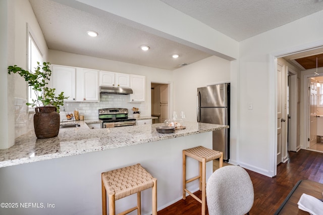 3516 Myra St, Jacksonville, FL 32205 - kitchen with appliances with stainless steel finishes, under cabinet range hood, a peninsula, light stone countertops, and tasteful backsplash