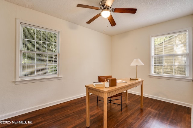3516 Myra St, Jacksonville, FL 32205 - home office featuring dark wood-style flooring, a ceiling fan, and a textured ceiling