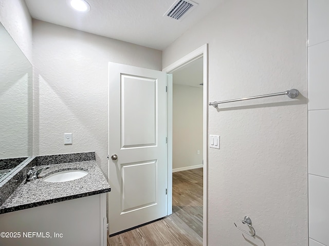 9473 N Athenia Dr, Citrus Springs, FL 34434 - bathroom featuring wood finished floors, vanity, and a textured wall