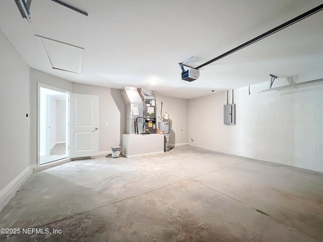 9473 N Athenia Dr, Citrus Springs, FL 34434 - garage with a garage door opener, electric water heater, electric panel, heating unit, and concrete block wall