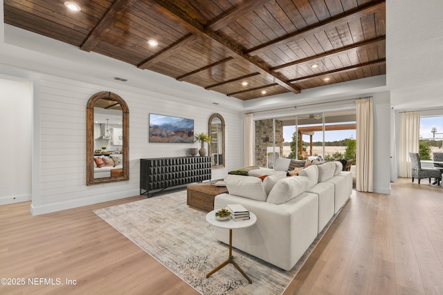 80 Oak Cluster Ln, Saint Augustine, FL 32092 - living room featuring a wood ceiling with exposed beams, light wood-type flooring, and recessed lighting