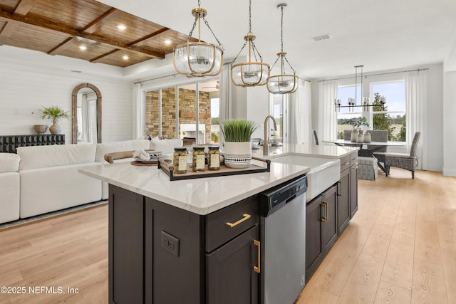 80 Oak Cluster Ln, Saint Augustine, FL 32092 - kitchen with stainless steel dishwasher, open floor plan, light wood-type flooring, a chandelier, and a wooden ceiling with exposed beams