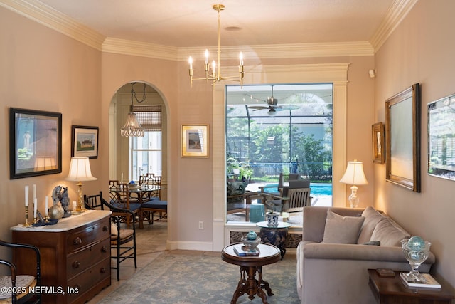13464 Ellsworth Ln, Jacksonville, FL 32225 - tiled living area with a chandelier, crown molding, and ceiling fan