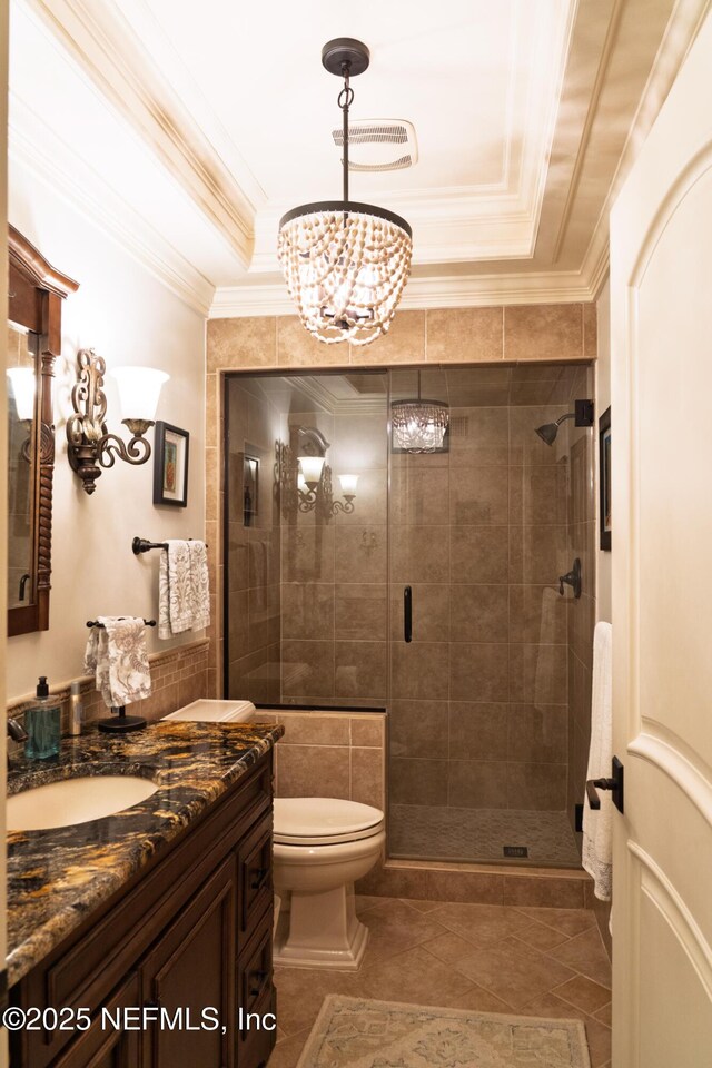 13464 Ellsworth Ln, Jacksonville, FL 32225 - full bath featuring vanity, a shower stall, a raised ceiling, ornamental molding, and a chandelier