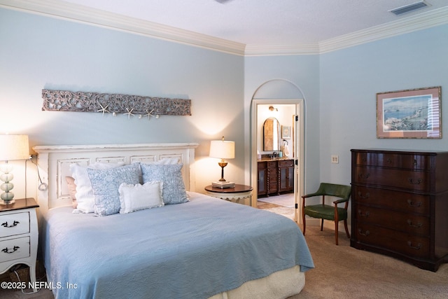 13464 Ellsworth Ln, Jacksonville, FL 32225 - bedroom with ornamental molding, carpet flooring, and connected bathroom